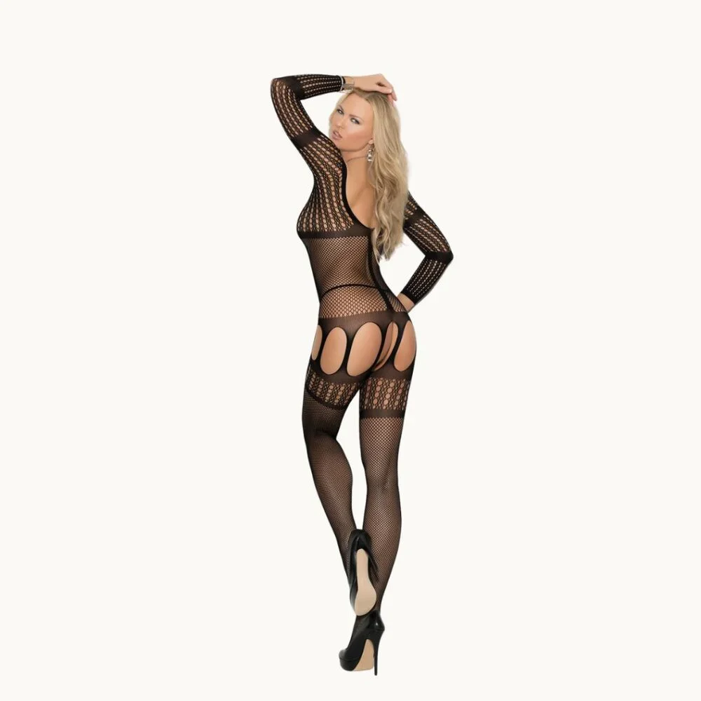 Black Long Sleeve Suspender Bodystocking Crochet Mesh Lingerie One Size - Picture 5 of 9